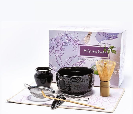 APLSTOW Matcha Whisk Set - Traditional Japanese Handmade Bamboo Matcha Whisk and Holder, Matcha Bowl,Bamboo Scoop, Scoop Rest, Sifter and Tea Towel (Black)
