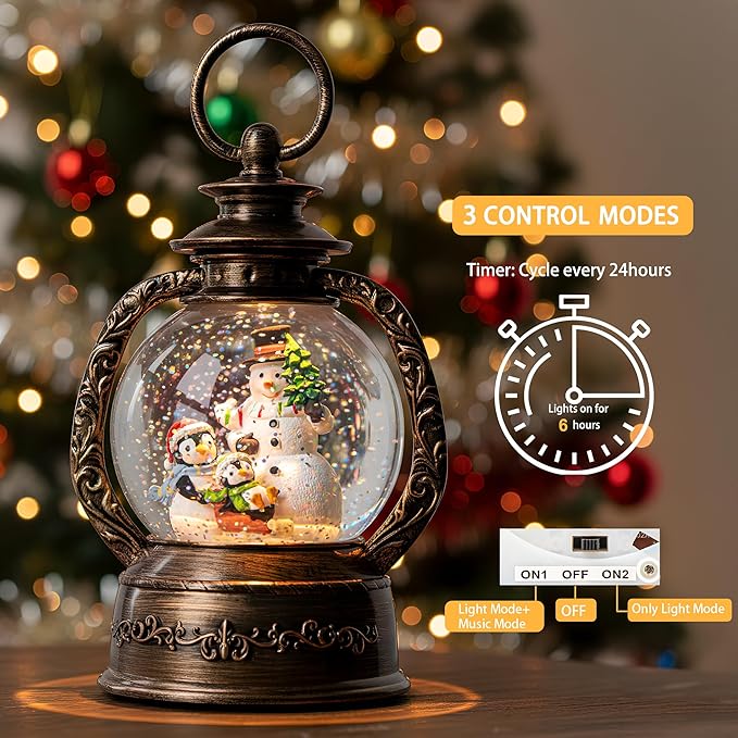 Musical Snow Globe Lantern Lighted Snowman with Penguins Christmas Snow Water Lantern Swirling Glittering Home Decoration and Gift, Battery Operated or USB Powered