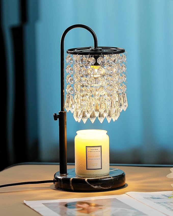 Candle Warmer Lamp with Timer Dimmer and 3 Bulbs, Candle Lamp Warmer with Marble Base for Adjustable Height, Crystal Candle Lamp for Jar Candles, House Warming Gifts Home Room Decor, Black