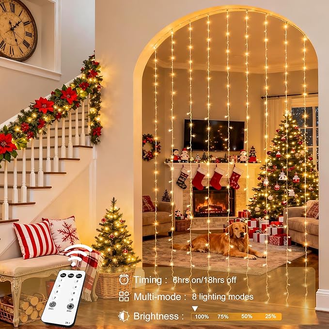 JMEXSUSS 900 LED Outdoor Christmas Curtain Lights, 9.5x29.5ft Christmas Lights Plug in with Remote, Twinkle Hanging String Light for Bedroom Wall Wedding Backdrop Window Gazebo Decor, Warm White