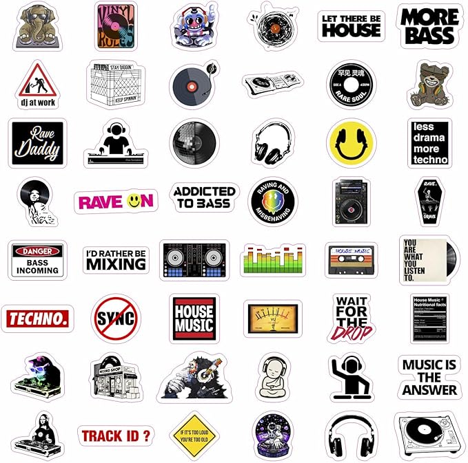 BulbaCraft 100Pcs DJ Stickers for Water Bottle and Laptop - DJ Party Favors & Decorations, Waterproof Vinyl Decals, Music and Turntable Stickers, Gifts for Women & Men