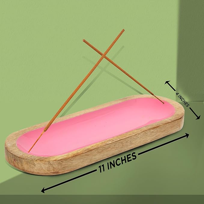 Hand Painted Pink Incense Holder-Incense Burner/Ash Catcher/Handmade Wooden Insence Tray – Modern Gift Home/Room/Kitchen Décor Size 11x4x1.2 Inches