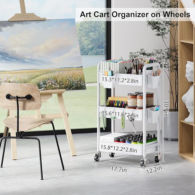 3 Tier Rolling Cart with Wheels, Metal Utility Storage Cart on Wheels, Craft Carts Organizer with Hanging Cups, Hooks, Three Tiered Rolling Carts for Bathroom, Laundry Room, Nursery, Office, White