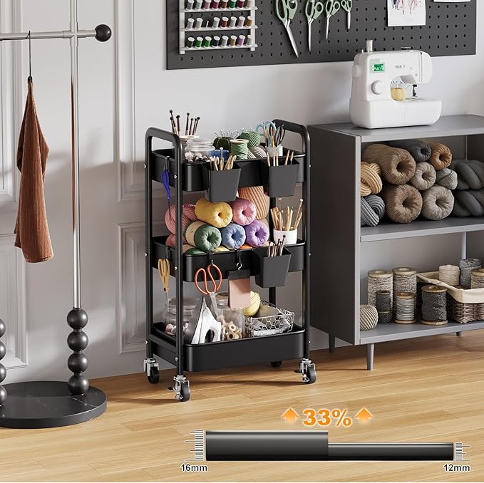 3 Tier Rolling Cart with Lockable Wheels, Metal Diaper Caddy Cart Organizer for Baby Essentials, Black Storage Utility Cart for Craft, Snack, Rolling Carts with Wheels for Lash Techs, Art, Bathroom