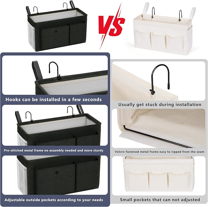 Bedside Caddy Bedside Organizer with Fixed Straps & Water Bottle Holder, Bunk Bed Caddy ideal for Home, Dorm, Hospital, Crib, Versatile Bedside Storage Solution (Black)