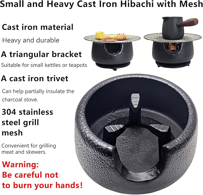 Cast Iron Teapot Warmer with Candle, Small Heavy Charcoal Stove for Tea Pot, Tea Kettle Warmer Set with Trivet, Barbecue Grill, Hibachi with 18/8 Stainless Steel Mesh