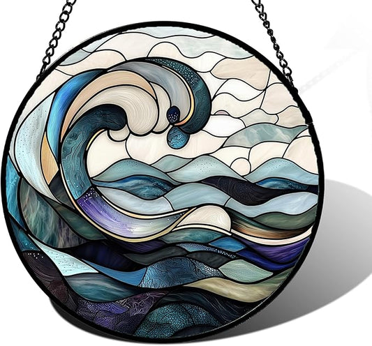 Stained Glass Window Hanging, Ocean Waves Sun Catchers Diamond Glass Panel Hangings Abstract Suncatcher Decor for Birthday for Women, Men, Wife, Aunt, and Mom 11.8x11.8 in