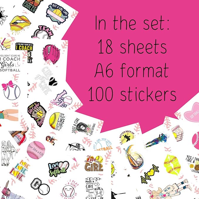 BulbaCraft 100Pcs Softball Stickers for Girls for Water Bottle and Laptop - Softball Party Favors & Decorations, Waterproof Vinyl Decals, Sports and Athlete Stickers, Gifts for Women & Men
