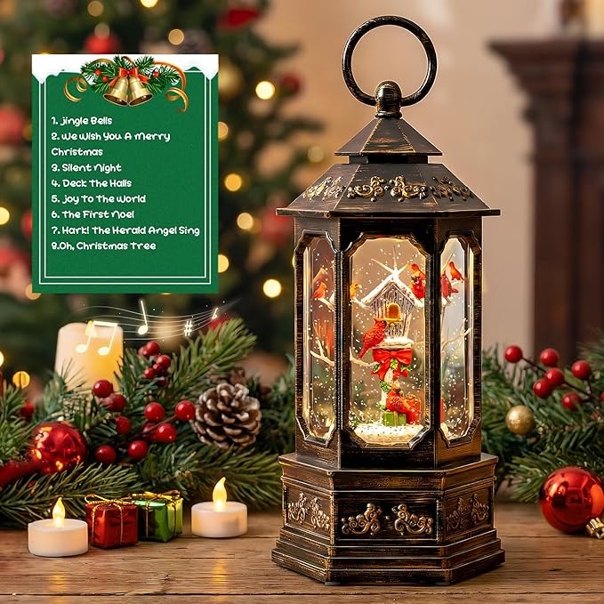 Musical Snow Globe Lantern Lighted Cardinal & Birdhouse Christmas Snow Water Lantern Swirling Glittering Home Decoration and Gift, Battery Operated or USB Powered