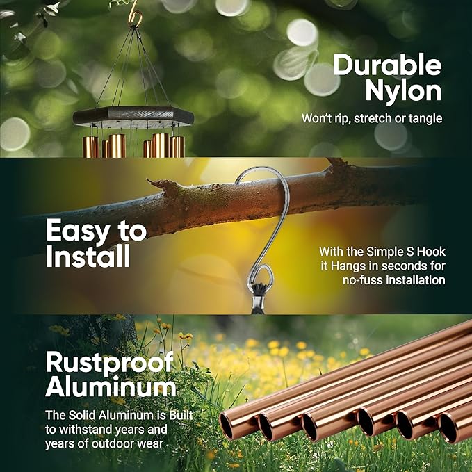Nature’s Melody Premiere Grande Tunes Wind Chimes – Outdoor Windchime with 6 Tubes Tuned to E Pentatonic Scale, Rustproof Aluminum, Beech Wood & S Hook Hanger for Sympathy, Memorial Gift or Zen Garden