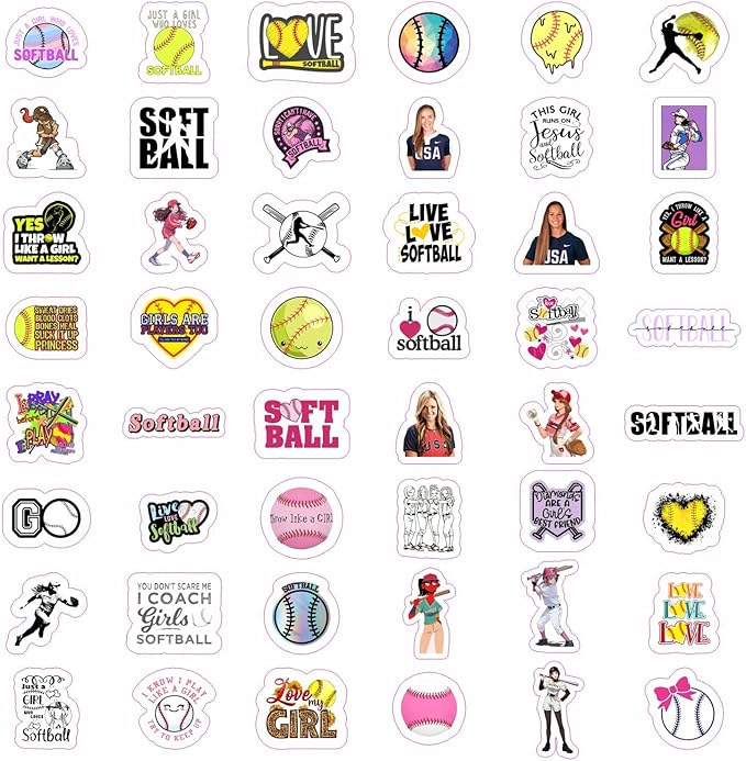 BulbaCraft 100Pcs Softball Stickers for Girls for Water Bottle and Laptop - Softball Party Favors & Decorations, Waterproof Vinyl Decals, Sports and Athlete Stickers, Gifts for Women & Men