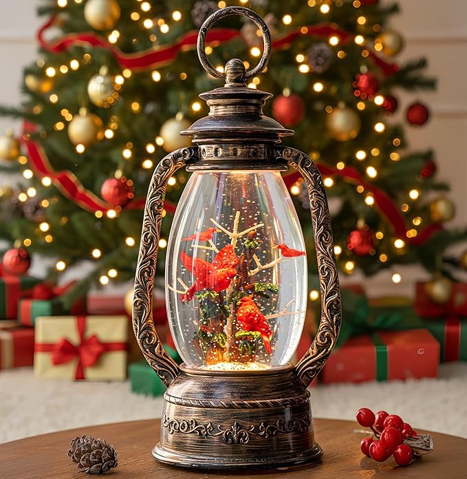 12'' Lighted Cardinals Snow Globe Lantern, Music Water Lantern with Swirling Glitter Decoration for Christmas Home, Living Room, Battery Operated or USB Powered