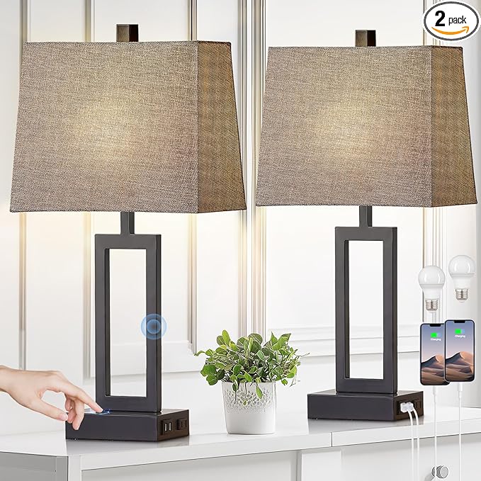 Touch Control Table Lamps Set of 2, Modern Bedside Lamps with USB A+C Ports & AC Outlet, 3 Way Dimmable Contemporary Nightstand Lamps for Bedroom Living Room Gray(LED Bulb Included)