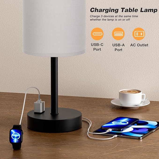 Fenmzee Touch Bedroom Lamp - Grey, 3-Way Dimmable, USB A + C Charging, AC Outlet, 17.4inch Medium