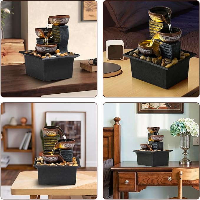 Tabletop Fountain, 3-Tier Desktop Waterfall with LED Lights, Small Indoor Water Feature with Natural River Stones, Suitable as Zen Decor for Home/Office