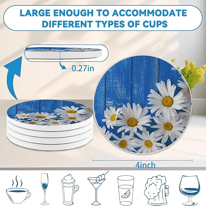 Blue Daisy Wood Round 4" Cup Coasters Set of 4, Absorbent Ceramic Stone Coasters with Cork Base, Ideal Home Decor Gifts for Women Men