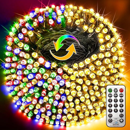 KNONEW Christmas Lights Outdoor 300 LED 99FT Green Wire Color Changing String Lights with 11 Modes & Timer Dimmable Fairy Light for Xmas Tree Roof Yard Wedding Decorations(Warm White to Multicolor)