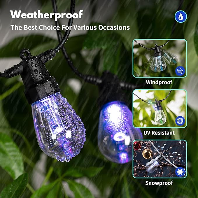 50ft Outdoor String Lights Color Changing - Patio Lights Outdoor Waterproof with 20 Dimmable RGBW Bulbs, Shatterproof, Music Mode, Connectable, Remote & App Control for Halloween, Christmas