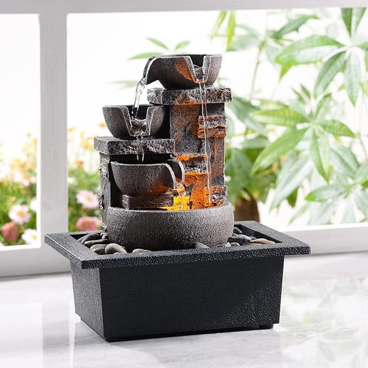 Kalona Décor Desktop Fountain - 10" 4-Tier Design with Imitation Stone, Indoor Waterfall Tabletop River Rocks & Resin Material for Serene Meditation & Relaxation - Ideal for Home & Office Decor