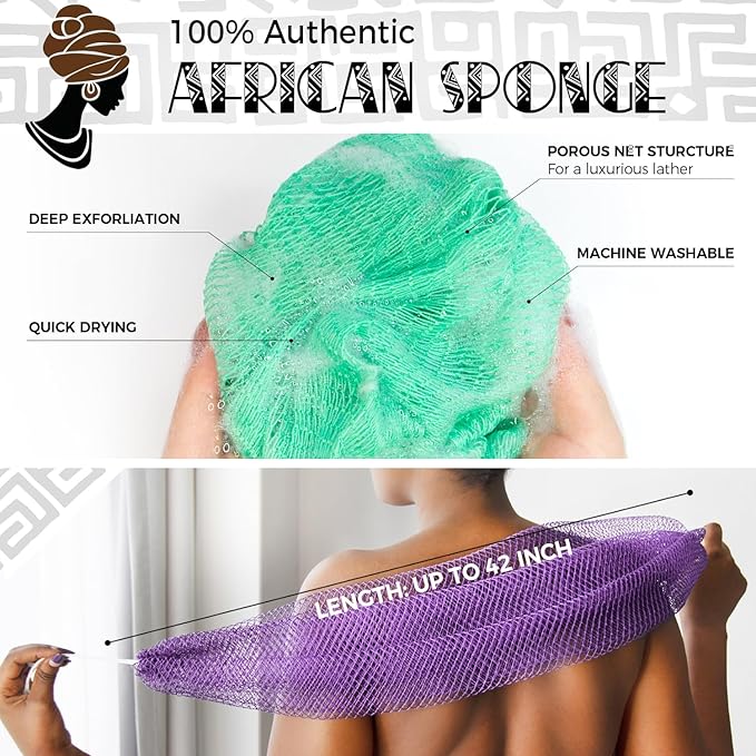Back Scrubber for Body - 2 Pieces Authentic African Net Sponge with Knots - Exfoliating Washcloth for Afro Scrubber Seawave & Lilac - Shower Exfoliator for Women Self Care Body Loofah Bath Essentials