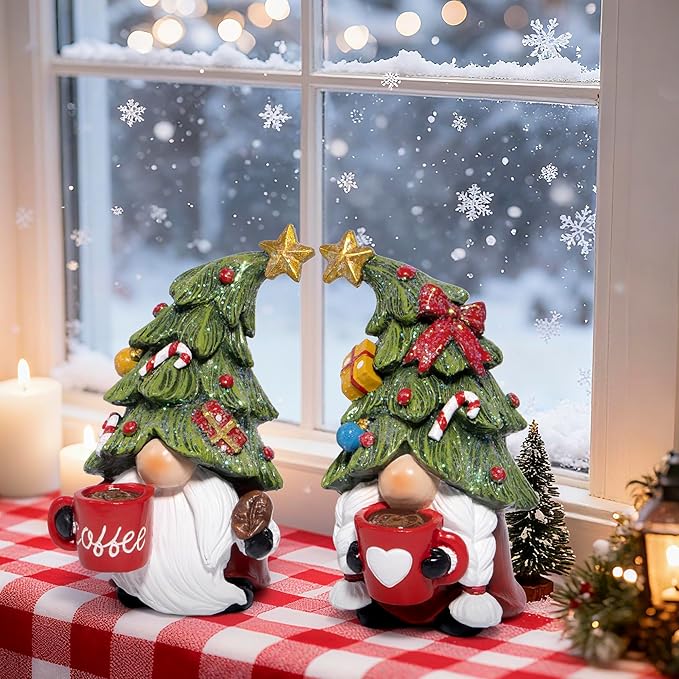 Hodao Christmas Elf Figurines with Tree Hats, Coffee Cup Elves Holiday Table Decorations, Cozy Festive Home Decor Accents for Living Room, Fireplace Mantel, Dining Table (Red)