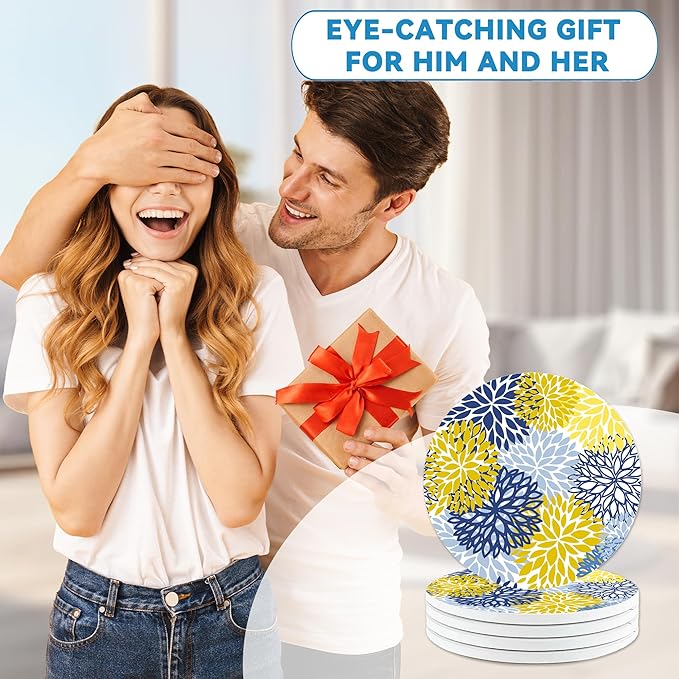 Spring Drinks Coasters Set of 4, Absorbent Cup Mat with Cork Base,Ceramic Stone for Table Home Decor 4" Navy Blue Flower