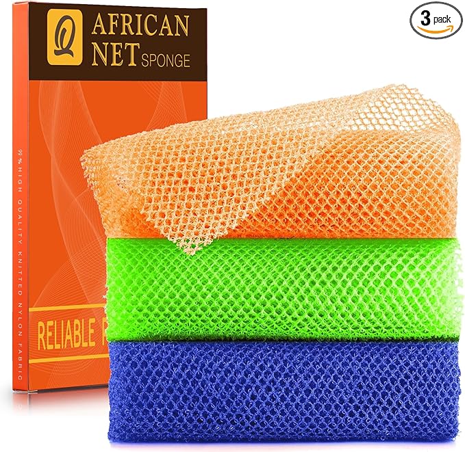 UJFQBH 3 Pieces African Bath Sponge African Net Long Net Bath Sponge Exfoliating Shower Body Scrubber Back Scrubber Skin Smoother,Great for Daily Use (Orange、Blue、Green)