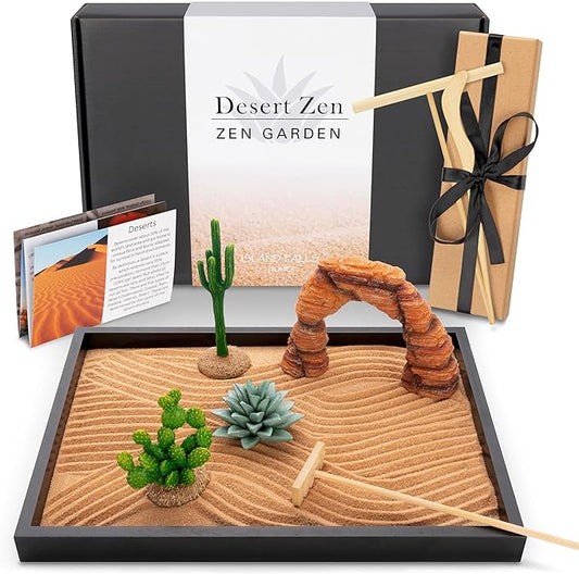 Desert Zen Garden Kit. Premium Home Cactus Decor. 11x8 Sand Tray. 4 Artificial Features, Brown Sand, 3 Handcrafted Wood Tools. Southwestern Desert Decor Zen Garden for Desk Therapy