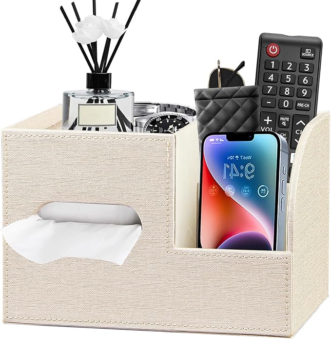Leather Square Tissue Box Cover with Storage Tray,Cube Tissue Box Holder,Modern Facial Paper Organizer with Remote Control Holder for Bathroom,Vanity Countertop,End Table NightStand Home Office.Beige