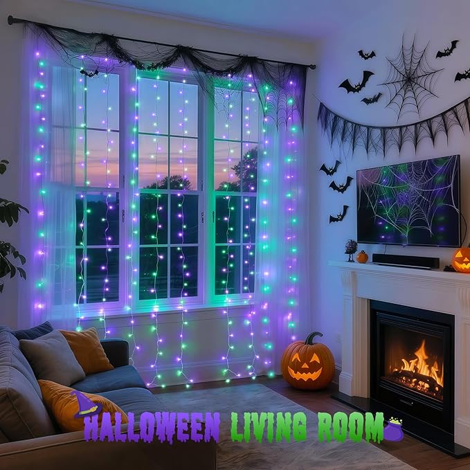 JMEXSUSS 300LED Halloween Curtain Lights with Remote, 9.8x9.8ft Halloween Lights Plug in, Christmas Twinkle Hanging String Light for Bedroom Wall Window Backdrop Indoor Outdoor Decor, Purple and Green