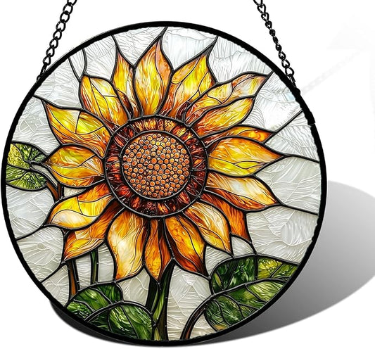 Stained Glass Window Hanging - Sunflower Flower Suncatcher Ready to Hang Window Doors Home Decoration and Christmas, Mother's Day Birthday Gifts for Women, Men, and Mom 6.3x6.3 in