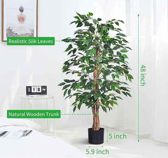 Artificial Ficus Tree 4FT Faux Silk Plants with Sturdy Plastic Nursery Pot,Fake Ficus Trees for Home Office Farmhouse Indoor Outdoor Decor Perfect Housewarming Gift (4FT-1Pack)