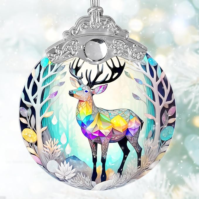 Stained Glass Suncatcher, Deer Ornament for Christmas Tree, Holiday Home Decor and Gifts