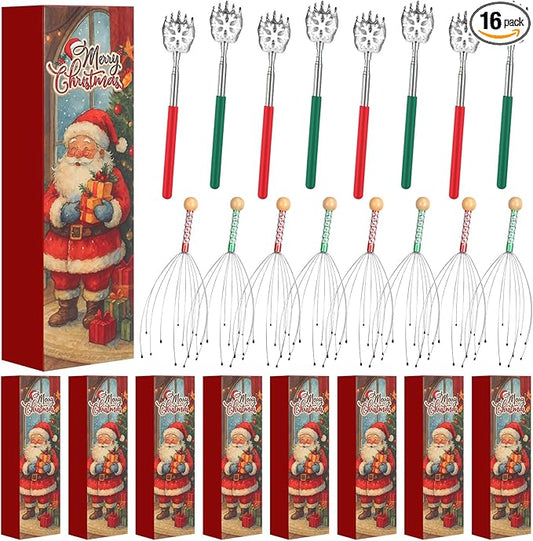 16 Pcs Head Massager and Back Scratcher with Christmas Gift Box, Scalp Massager Extendable Back Scratcher Tool for Body Relax Stress Relief Stocking Stuffers for Men Women(Snowflake)