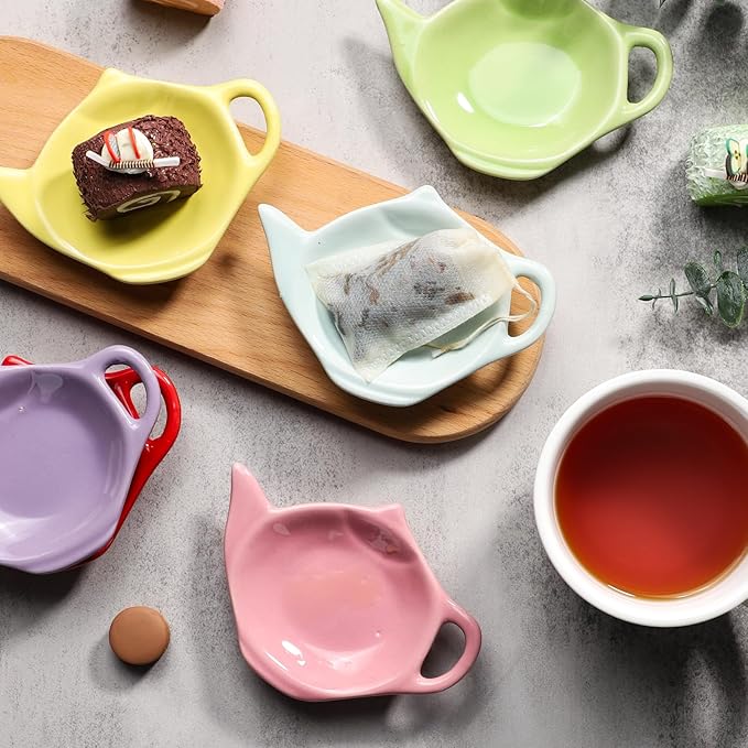 Ceramic Tea Bag Coaster Set of 6 Teapot Shaped Tea Bag Holder for Used Tea Bag, Teabag Caddy Holder Set for Organizing Tea Time