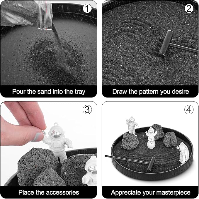 Space Zen Garden for Desk – 8.2" Round Mini Desktop Sand Garden with Astronauts, Black Sand, Stones & Rake Relaxation & Mindfulness Decor for Home Office, Unique Decoration Gifts for Family and Friend