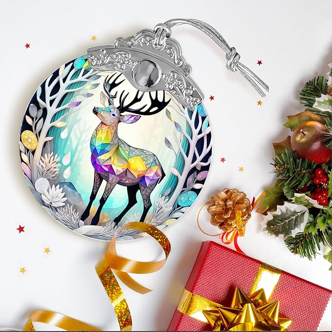 Stained Glass Suncatcher, Deer Ornament for Christmas Tree, Holiday Home Decor and Gifts