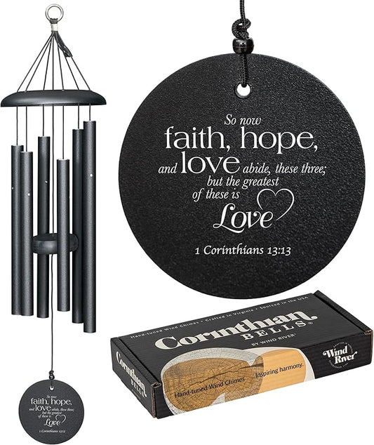 Corinthian Bells 27" Wind Chime – “Faith, Hope & Love” Engraving from 1 Corinthians 13:13 – Hand-Tuned Inspirational Chime for Weddings, Anniversaries, Housewarmings & Spiritual Gifts