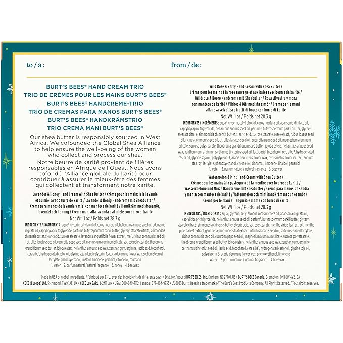 Burt's Bees Christmas Gifts, 3 Body Skincare Stocking Stuffers, Shea Butter Hand Cream Trio Set - Lavender Honey, Watermelon Mint & Wild Rose Berry (3-Pack)