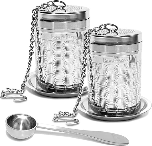 Sou Zen Tea Infuser (2 Pack & Teaspoon Scoop) | Extra Fine Hex Mesh Loose Leaf Tea Strainers | 304 Stainless Steel Tea Steeper with Extended Chain Hook | Perfect for Brewing Loose Tea, Herbs & Spices