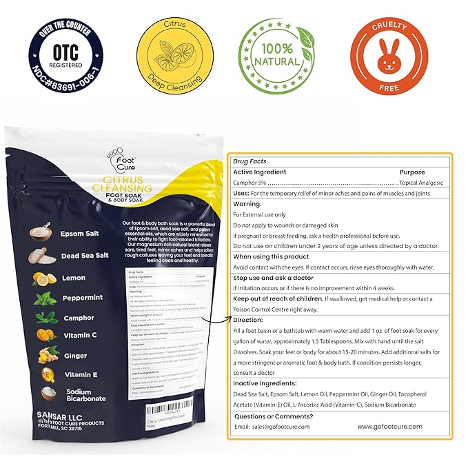 FOOT CURE Citrus Detox Foot Soak with Epsom Salts – for Foot Callus, Damaged Toenail Appearance, Pedicure Spa, and Soothing Sore, Tired Feet - 16 oz (Pack of 1)