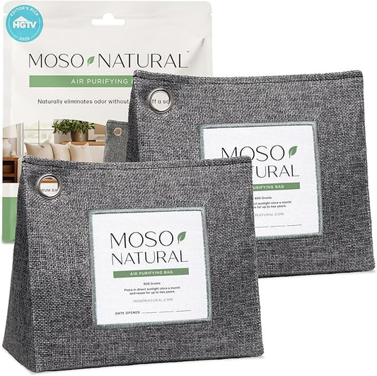 Moso Natural Air Purifying Bag 600g, Premium Bamboo Charcoal Odor Absorber, Room Deodorizer for Large Spaces, Bedroom, Kitchen, Basement, Pet Odor Eliminator for Home, 21oz Charcoal Bags (2 Pack)