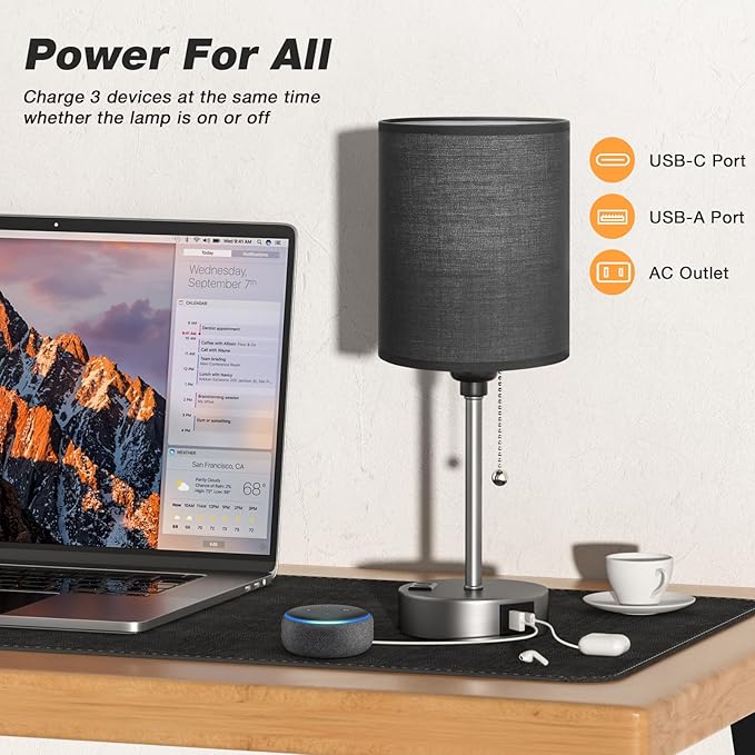 Black Table Lamp for Bedroom Nightstand - 3 Color Temperature Bedside Lamp with USB C and A Ports, Pull Chain Lamp for Bedroom with AC Outlet, Small Lamps Silver Metal Base for Kids Boys/Dorm Room