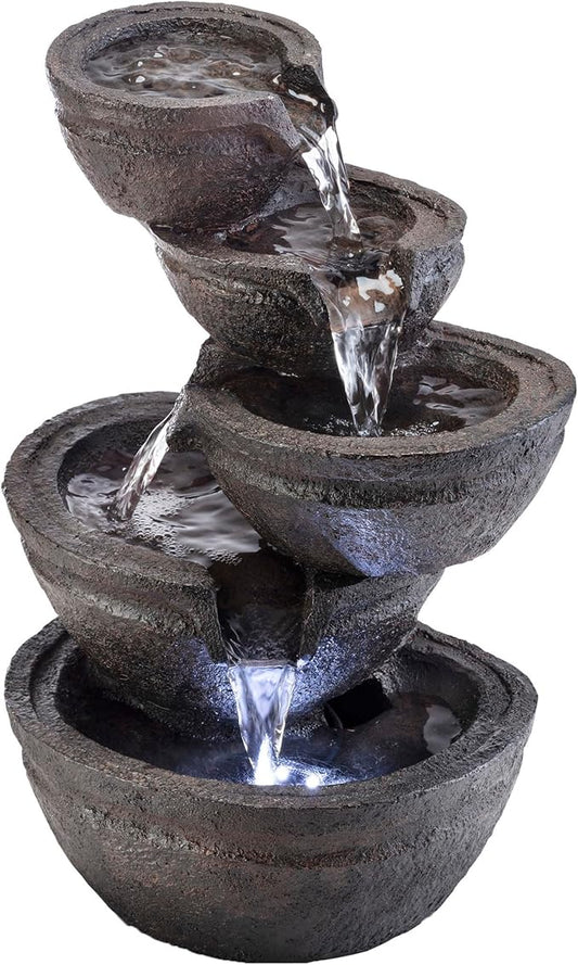 Alpine Corporation WIN1138 13" Indoor Tabletop Tiering Bowls Water Fountain with LED Lights – Cascading Water Feature for Home, Office, Meditation, and Relaxation, Dark Gray