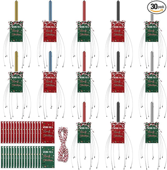 Soaoo 30 Pcs Christmas Head Massager Scalp Massager Bulk with Inspirational Christmas Cards Handheld Steel Wire Head Scratcher for Body Office Home Spa Stress Relief Relaxation Women Men Gift(Classic)