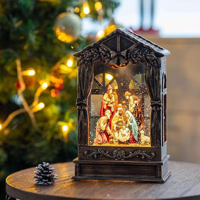 Christmas Snow Globe Lighted Manger Nativity Scene, Musical Window Water Lantern Play Silent Night Music in Swirling Glitter, Holiday Decorations Gift