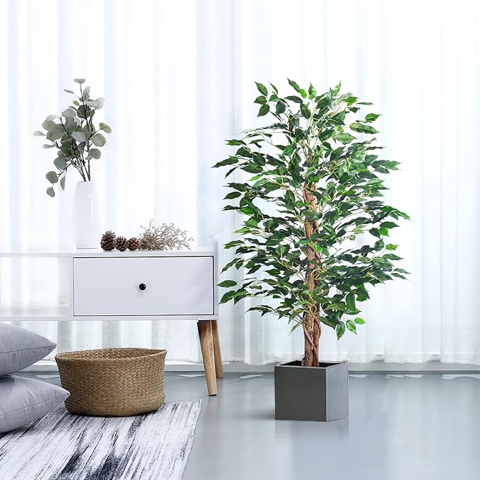 Artificial Ficus Tree 4FT Faux Silk Plants with Sturdy Plastic Nursery Pot,Fake Ficus Trees for Home Office Farmhouse Indoor Outdoor Decor Perfect Housewarming Gift (4FT-1Pack)