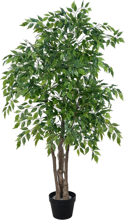 Ficus Tree Artificial with Triple Trunks, 5.5ft Fake Ficus Tree in Black Pot, Tall Artificial Tree Potted Plant for Indoor Outdoor Home Office Living Room Patio Bedroom Decor