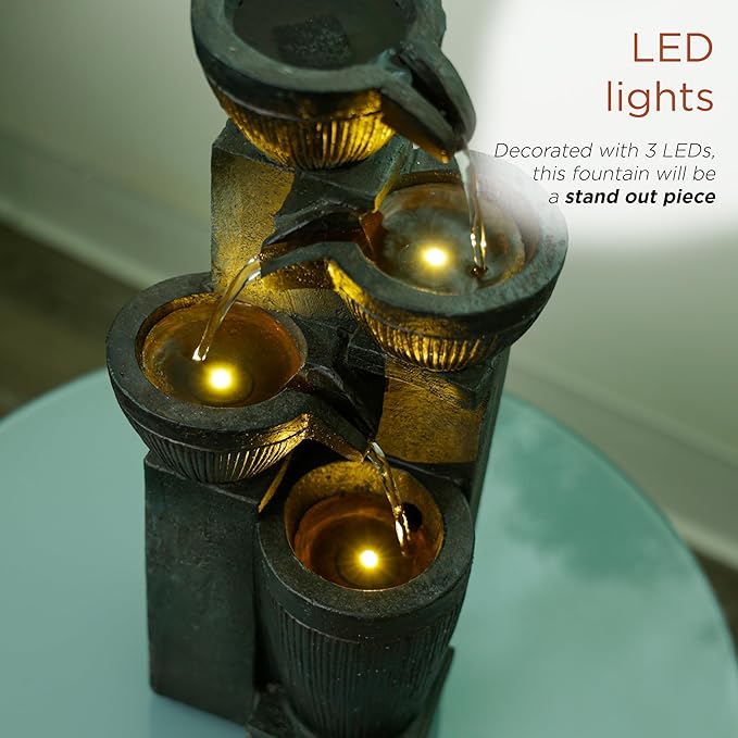 Alpine Corporation TZL416 14" Stoned Jar Water Fountain with Cascading LED Lights, Stylish Tabletop Water Feature for Home, Office, Living Room, Bedroom & Desk Decor, Gray