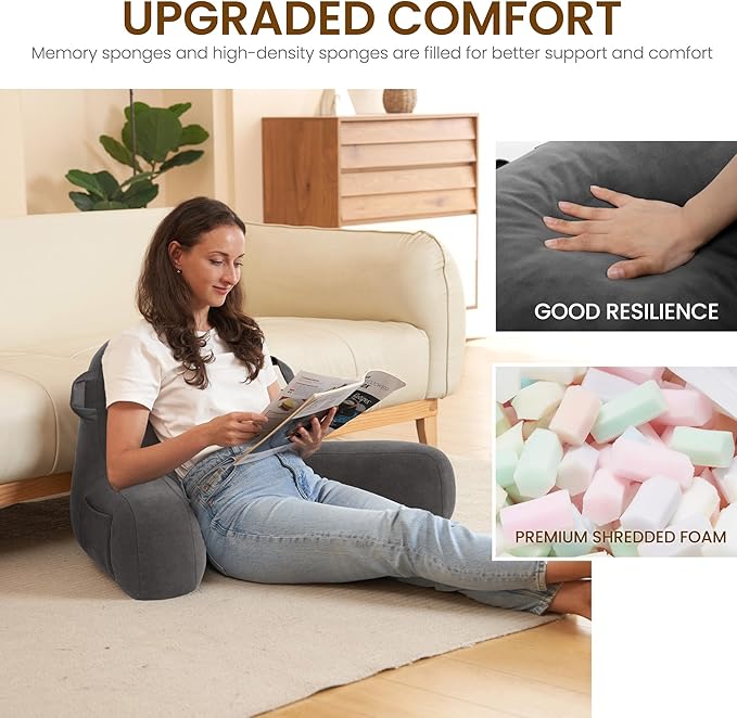 Portable Comfy Reading Pillows for Bed Sitting Up(Light Grey Oeko-Tex), Velvet Back Pillow with Arms & Pockets for Adults, Support Memory Foam Bed Pillow for Dorm/Reading/Watching/Gaming